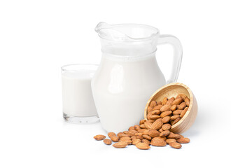 Glass of almond milk with almond seed isolated on white background.