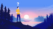 Lost man - Person standing alone in outdoors in nature feeling lost with question mark over head. Vector illustration with copy space for text