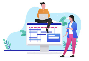 Leinwandbilder - Project management - Two people man and woman working on planning business strategy. Flat design vector illustration with white background