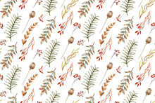 Cute Seamless Pattern With Hand Painted Leaves, Berries, Season Autumn Illustration For Halloween Harvest On White Background