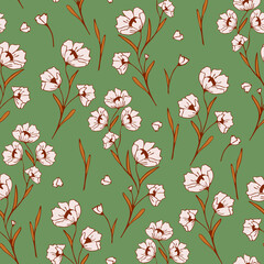 Wall Mural - Seamless vector pattern with Victorian style flowers on green background. Simple vintage floral wallpaper design. Decorative romantic fashion textile.