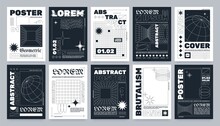 Trendy Brutalism Style Posters With Geometric Shapes And Abstract Forms. Modern Minimalist Monochrome Print With Simple Figures And Swiss Graphic Elements, Vector Poster Template Set