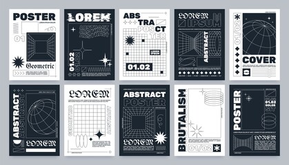 trendy brutalism style posters with geometric shapes and abstract forms. modern minimalist monochrom