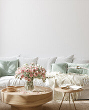 Wall Mockup In Interior Background, Room In Light Pastel Colors, Scandi Style, 3d Render