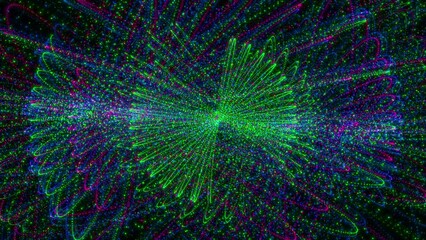 Wall Mural - chaotic multi-color particles form spiral patterns, flicker, evolve, then fade to black