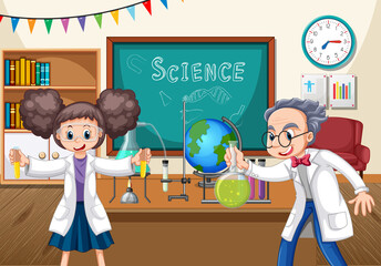 Wall Mural - classroom scene with scientist doing experiment