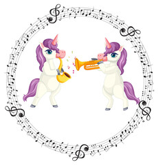 Sticker - Cartoon unicorn playing trumpet and saxophone