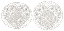 A Set Of Contour Illustrations In The Style Of Stained Glass With Abstract Hearts, Dark Contours On A White Background