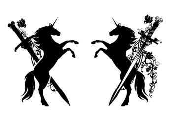 Wall Mural - fairy tale unicorn horse and knight sword with rose flower - fantasy medieval hero black and white vector heraldry