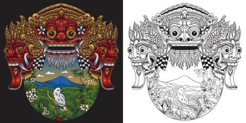 Wall Mural - the island of gods vector illustration. barong mask with balinese landscape.