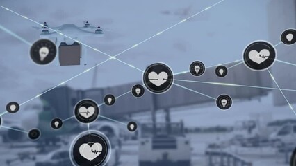 Poster - Animation of network of connections with icons and delivery drone over airport