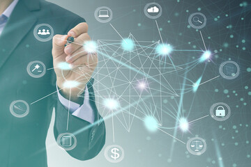 Poster - Hand touching modern interface digital transformation and metaverse concept. Connection next generation technology and new era of innovation