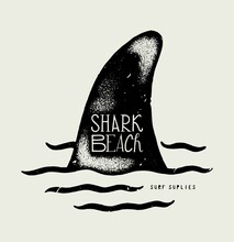 Shark Beach. Shark Fin Vintage Typography Distressed Silkscreen Surfing T-shirt Print Vector Illustration.