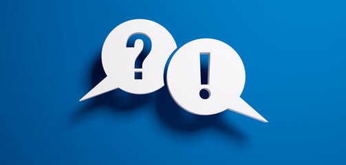 Question mark and exclamation mark speech bubbles in front of a blue colored wall - 3D illustration