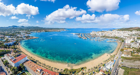 Aerial view of Sant Antoni de Portmany, Ibiza islands, Spain