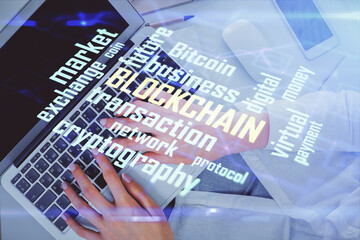 Poster - Double exposure of woman hands working on computer and blockchain theme hologram drawing. Top View. bitcoin cryptocurrency concept.