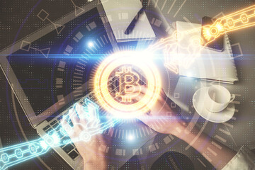 Aufkleber - Double exposure of woman hands typing on computer and crypto market theme hologram drawing. Blockchain concept.