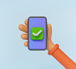 Poster - 3d render. hand holding phone and Check mark icon. Tick on smartphone screen. approved, accepted, completed concept.