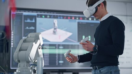 Poster - Mechanical Engineer Student Wearing Virtual Reality Headset and Holding Controllers, Uses VR technology for Industrial Design, Development, Prototyping in Robotics. High Tech Concept