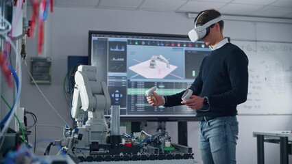 Poster - Student Engineer Using Virtual Reality Software for His Project. Man with Headset and Controllers Studying at University Room. Futuristic and High Tech Concept