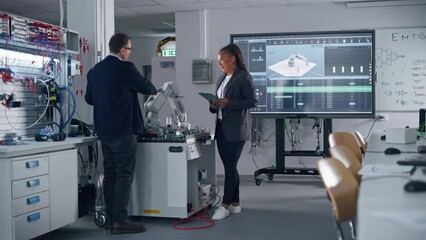 Aufkleber - Diverse Colleagues Standing Near Table With Robot Arm, They Discussing with Each Other with Laptop and Tablet Devices in Hands. Bright Facility, Creative People Concept