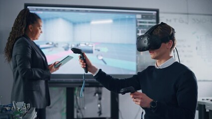 Poster - Black Teacher Typing at Tablet and Supervising while her Student in VR Headset and Controllers, Uses VR Technology for Industrial Design, Development, Prototyping in CAD Software on Computer