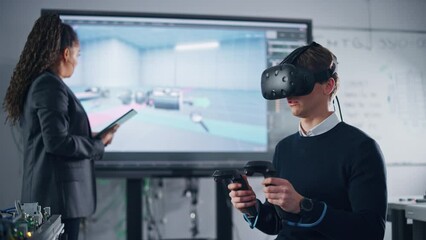 Poster - Black Teacher with Tablet Giving Advices to Student in VR Headset, Uses VR Technology and Prototyping in CAD Software with Controllers on Computer. Futuristic University and Augmented Reality Concept