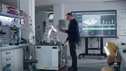 Aufkleber - Male Engineer Holding Laptop, Moving Bionic Limb Under his Control and Analysing Results at Big Screen. Modern Equipment and New Era in Computer Science Industry Concept