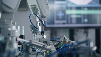 Poster - Industry 4.0 Modern Factory: Programmed Robot Arm Moving at Different Sides. Production Line Machine at Empty room.No people, Close Up View. Automated Robotics Concept