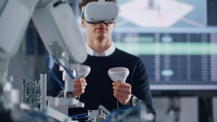 Poster - Student Developer Writing Code and Testing Interface of Bionic Hand. Engineer Wearing Virtual Reality Headset and Using Controllers at University. Virtual Reality Concept
