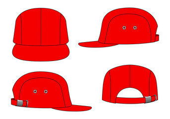 Wall Mural - Red 4 Panel Cap With Flat Brim Cap, Adjustable Slider Buckle Closure Strap Back Template On White Background, Vector File