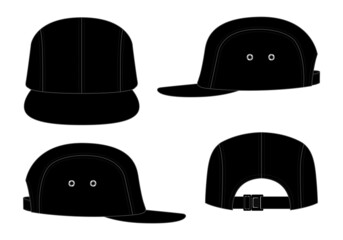 Wall Mural - Black 4 Panel Cap With Flat Brim Cap And Release Plastic Buckle Strap Back Template On White Background, Vector File