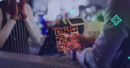 Poster - Neon qr code against african american man making digital payment from his smartphone at a cafe