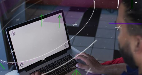Poster - Data processing against african american man using laptop with copy space at office
