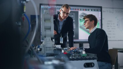 Aufkleber - Product Supervisor Consults Young Engineer Working with Optimization of Robot Arm. People Doing Robotic Hand Maintenance Ideas. High-Tech Science and Engineering Concept. Medium Shot
