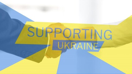 Poster - Animation of caucasian business people shaking hands over supporting ukraine text