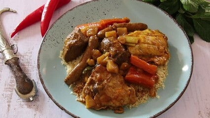 Wall Mural - view of a royal couscous composed of chicken, lamb, merguez on a plate