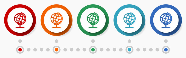Aufkleber - Globe concept vector icon set, infographic template, flat design colorful web buttons in 5 color options