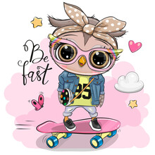 Cartoon Owl On A Skateboard On A Pink Background