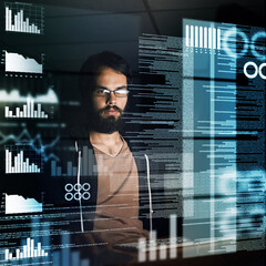 Poster - Delving into the data. Cropped shot of a young computer programmer working on source code.