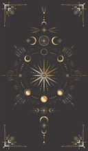 Vector Celestial Background With Ornate Outline Star, Moon Phases, Dotted Radial Circles, Crescents, Beams And Frame With Arrows. Mystic Golden Linear Banner With Magical Symbols. Cover For Tarot Card