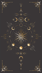 Wall Mural - vector celestial background with ornate outline star, moon phases, dotted radial circles, crescents,