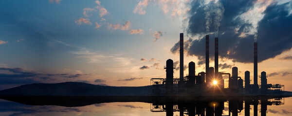 Wall Mural - climate change concept. oil refinery by sunset. industrial pollution with conventional energy. 3d re