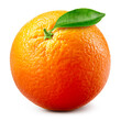 Orange fruit isolate. Orange citrus on white background. Whole fruit with leaves. Clipping path. Full depth of field.