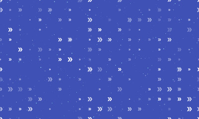 Poster - Seamless background pattern of evenly spaced white double arrow symbols of different sizes and opacity. Vector illustration on indigo background with stars