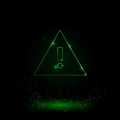 Poster - A large green outline warning symbol on the center. Green Neon style. Neon color with shiny stars. Vector illustration on black background