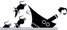 Rats Desert A Sinking Ship.
Cartoon Rats In Panic Desert A Sinking Ship Black On White Background
