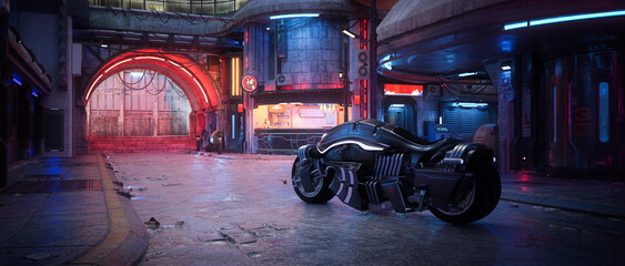 Poster - Cyberpunk motorcycle in a seedy downtown street of a fantasy dystopian future city. Cinematic 3D rendering.
