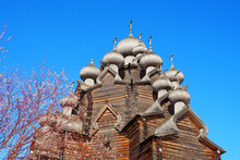 Wooden Domes Of The Intercession Cathedral And Blooming Mimosa Branches Against The Blue Sky