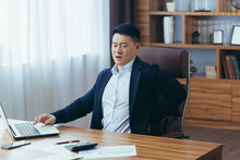 Businessman Working In The Office At The Computer, Asian Has Severe Back Pain, Boss In A Classic Office, Reworked